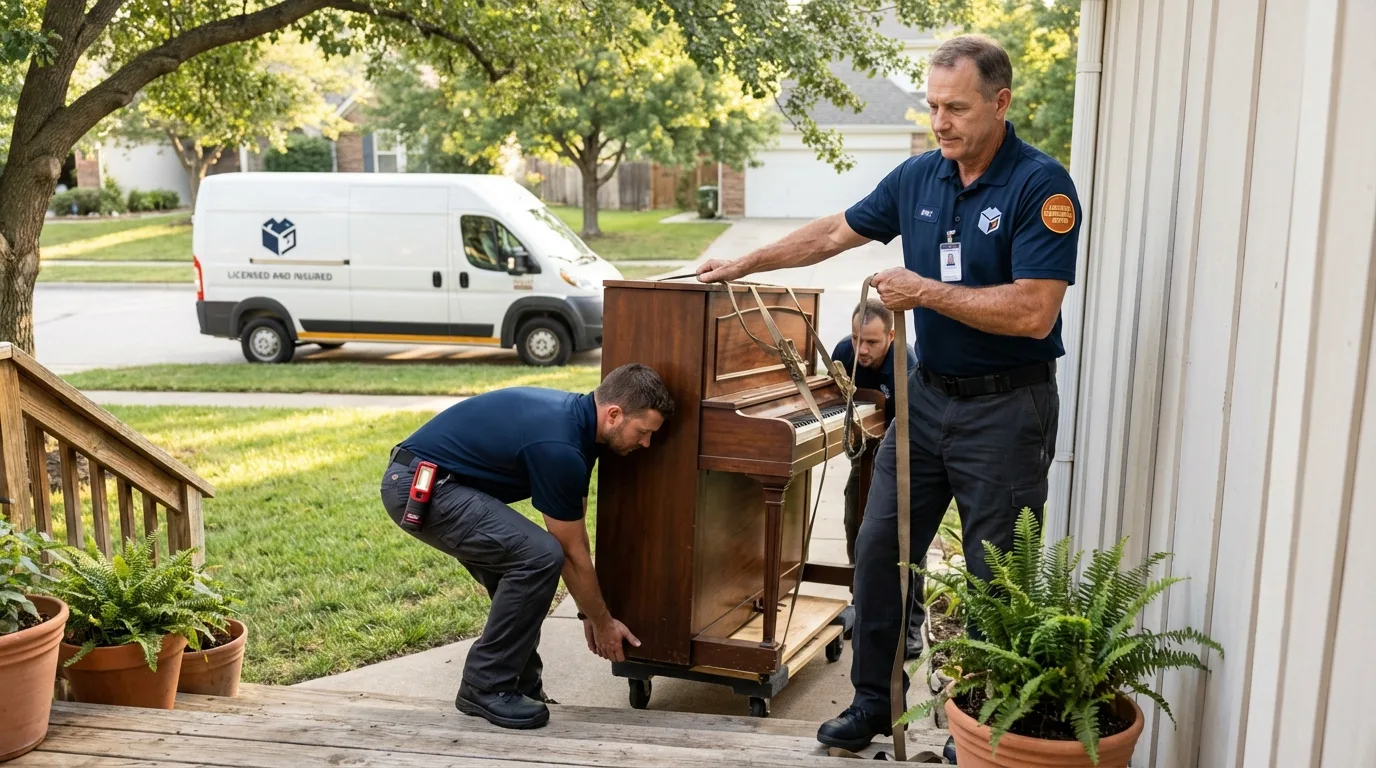 Licensed piano movers securing grand piano in Lakewood, OH