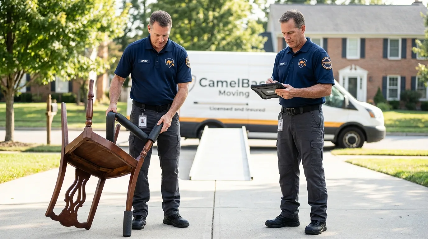 Movers inspecting furniture for damage prevention before loading in Lakewood, OH