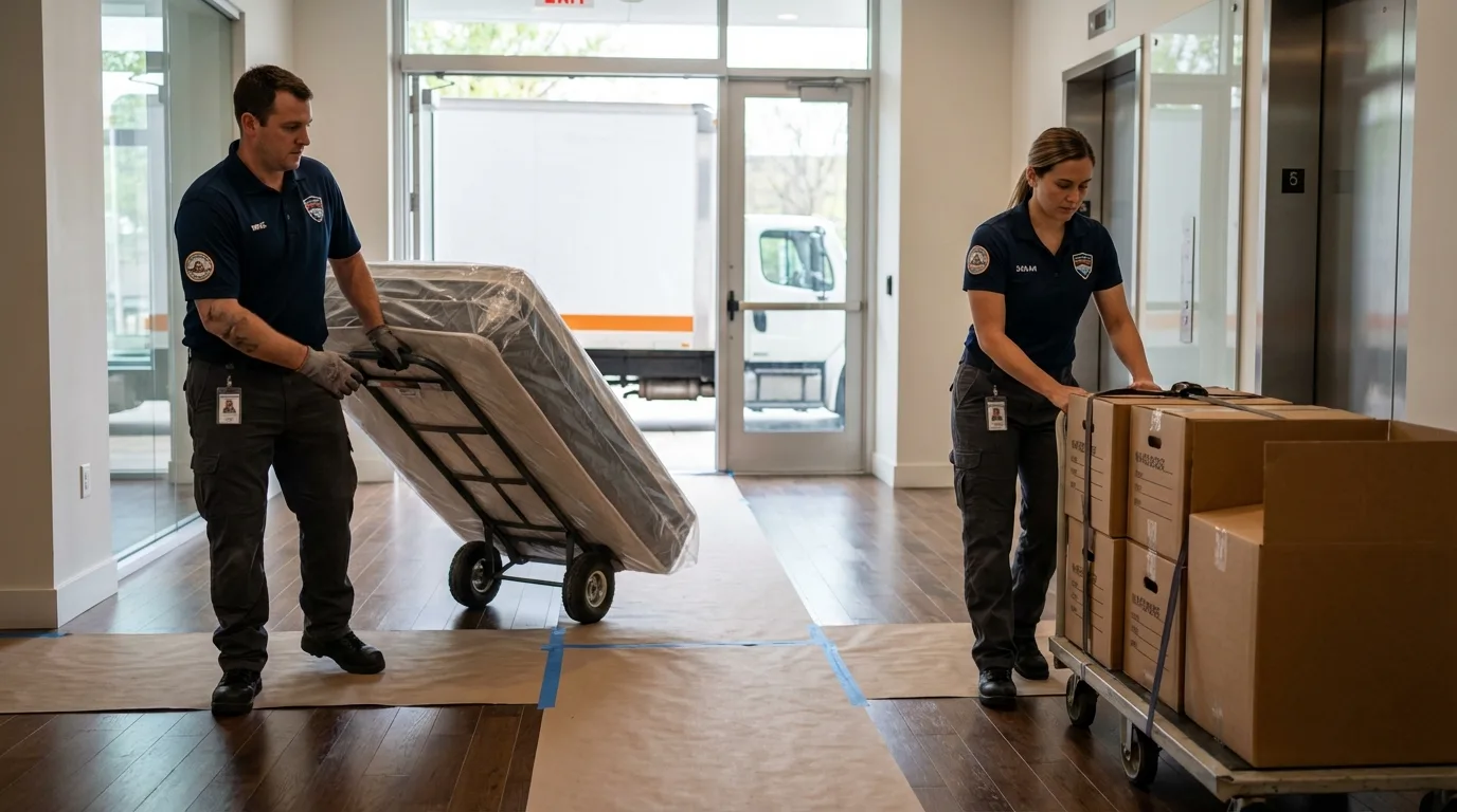 Professional apartment movers loading elevator in Lakewood, OH
