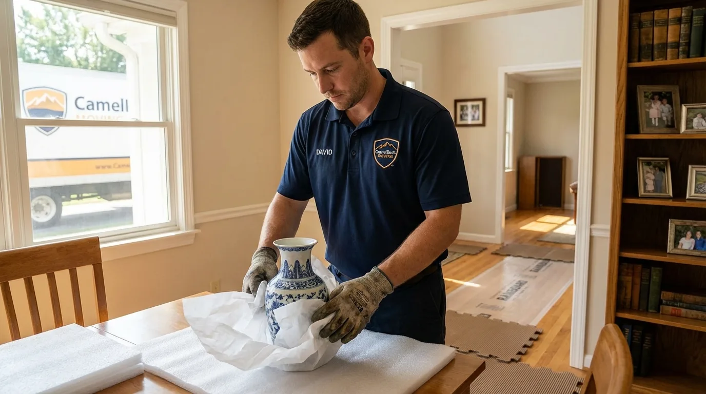 Professional crew carefully wrapping antique vase for senior downsizing move in Lakewood, OH